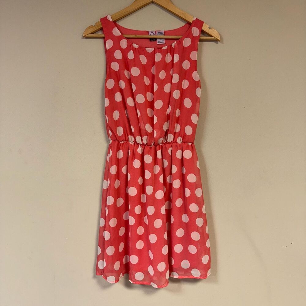 Polka Dot Dress Women's S Coral Pink Sleeveless Casual Summer Flowy Pleated Cute